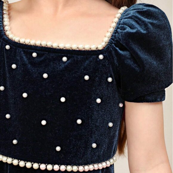 Girl Pearls Beaded Puff Sleeve Velvet Party Dress 7T - Picture 5 of 6